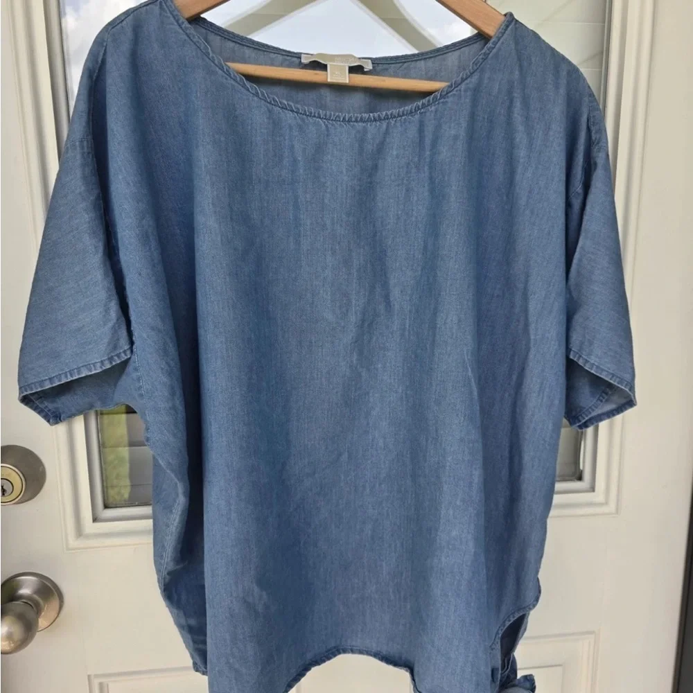 Michael Kors Chambray Side Tie Blouse Sz XL Women Blue Lightweight Classic